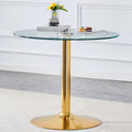 A 35 Inch Diameter Glass Top And A Modern, Minimalist Round Dining Table With Gold Metal Legs. Ideal For Dining Rooms, Living Rooms And Meeting Rooms. Model: Dt 1166 Gold Glass Metal