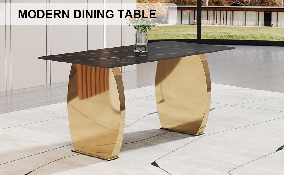 Modern Rectangular Table With 0.4 Inch Black Patterned Tabletop And Gold Legs, Suitable For Kitchen, Dining Room, And Living Room 63 Inches * 31.4 Inches * 30 Inches Gold Sintered Stone