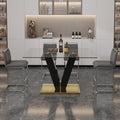 Table And Chair Set. A Rectangular Glass Dining Table With A 0.4 Inch Tempered Glass Tabletop And Mdf Board V Shaped Bracket, Paired With Chairs Consisting Of Pu Seat Cushions And Silver Metal Legs. Black Gray Seats 4 Tempered Glass
