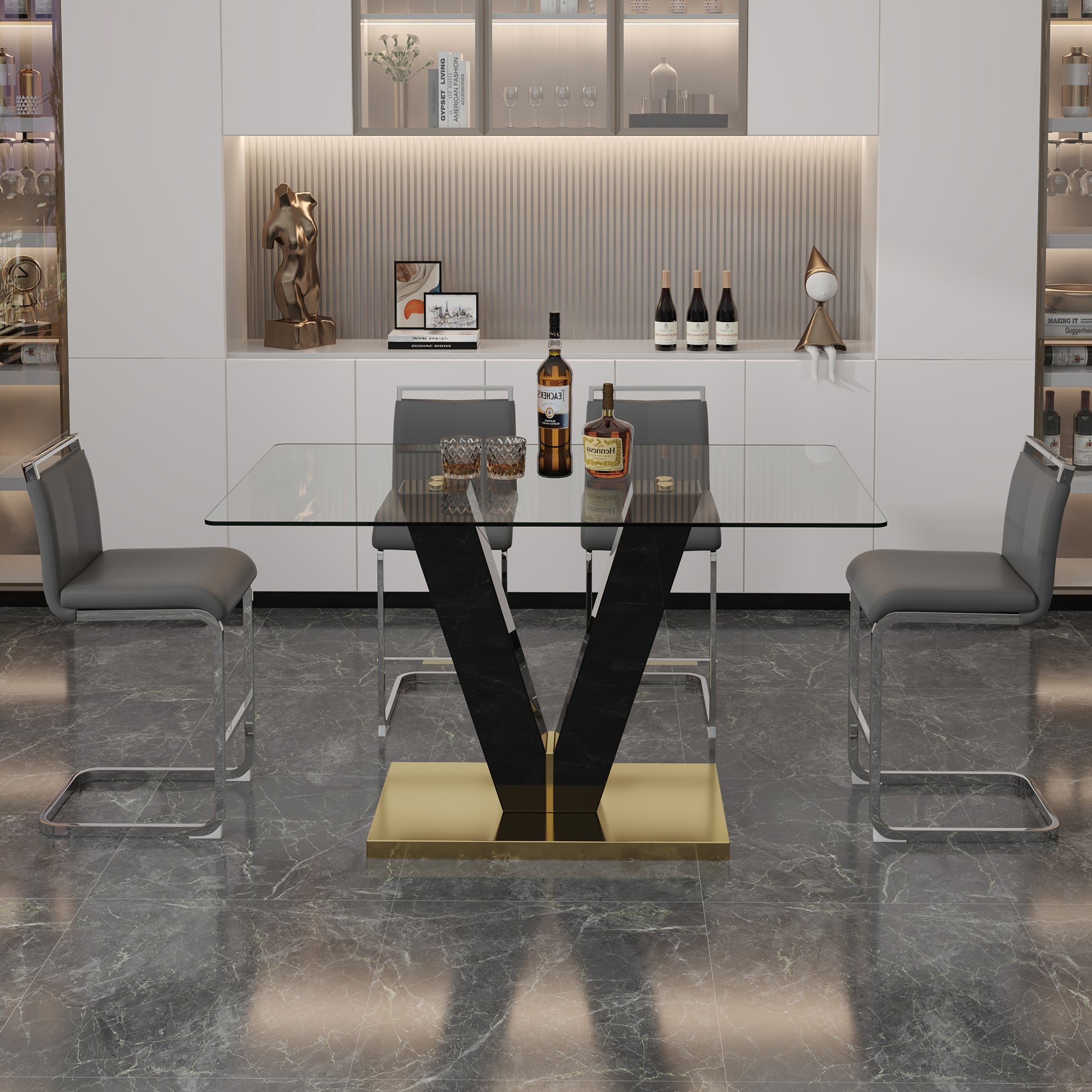 Table And Chair Set. A Rectangular Glass Dining Table With A 0.4 Inch Tempered Glass Tabletop And Mdf Board V Shaped Bracket, Paired With Chairs Consisting Of Pu Seat Cushions And Silver Metal Legs. Black Gray Seats 4 Tempered Glass