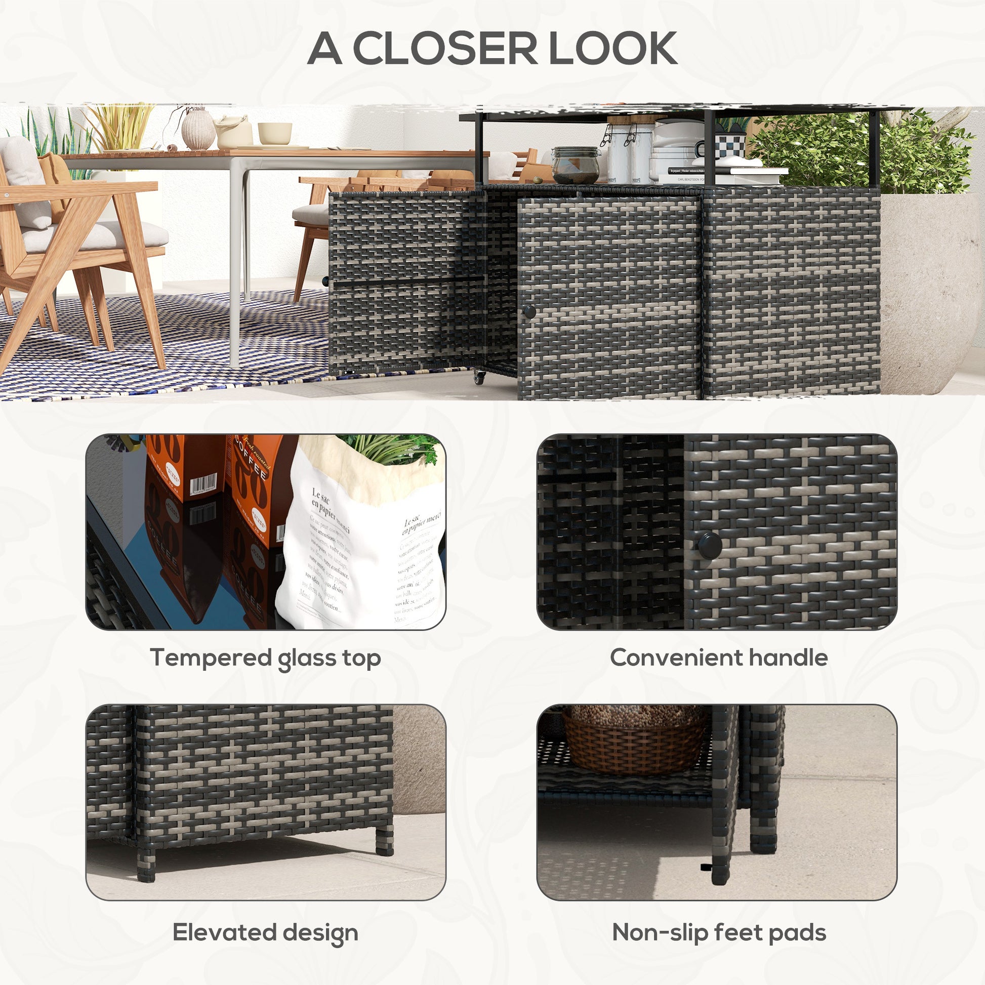 Outsunny Pe Rattan Outdoor Bar Table, Outdoor Kitchen Island With 2 Tier Shelf & Cabinet, Patio Serving Cart With Glass Top, Handles, Towel Racks For Poolside, Garden, Mixed Gray Gray Steel