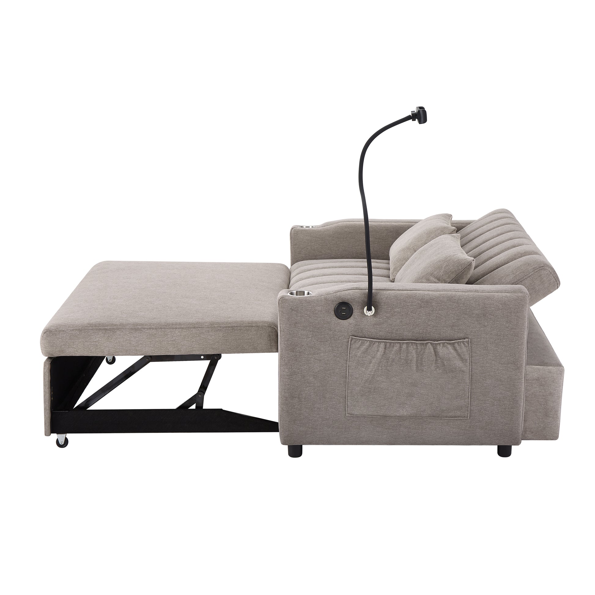 55.9" Convertible Sofa Bed Loveseat Sofa With Three Usb Ports, Two Side Pockets, Two Cup Holders And 360 Swivel Phone Holder For Living Room, Light Grey Light Grey Foam Polyester