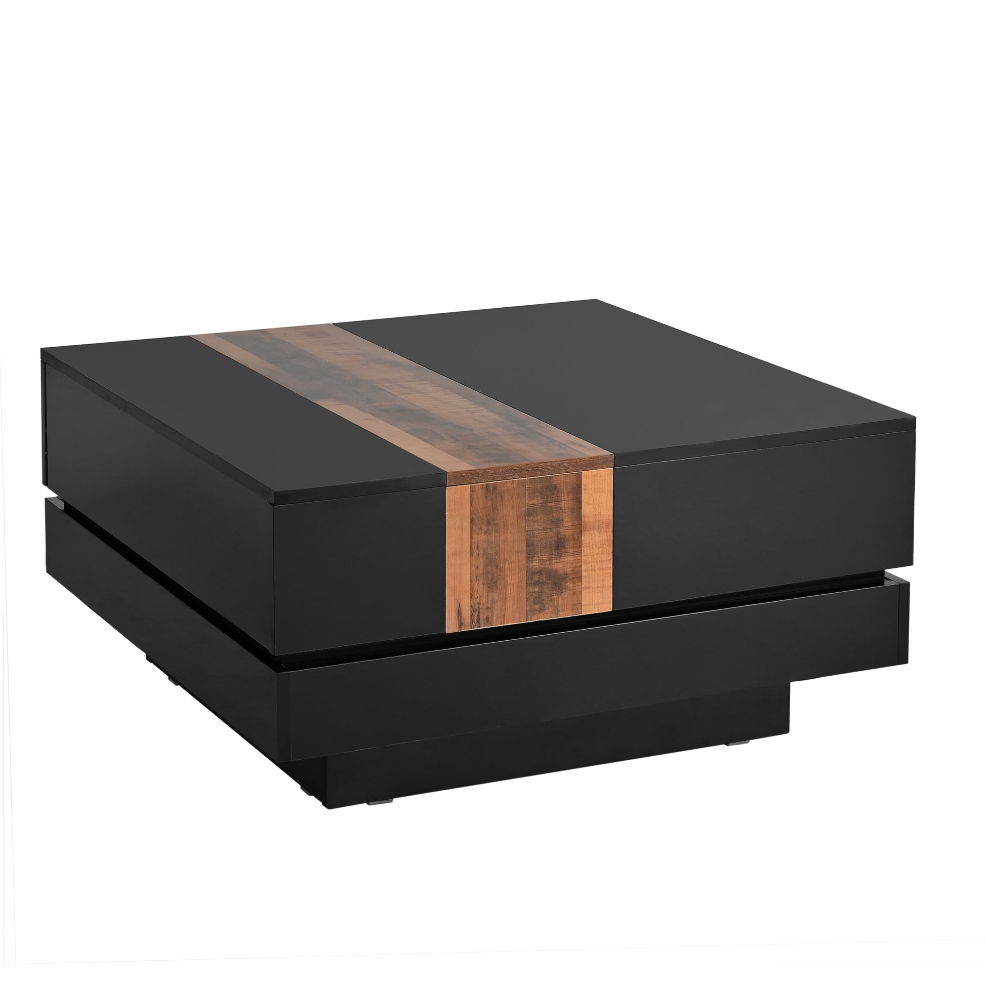 31.4'' X 31.4'' Square Coffee Table With Sliding Tabletop, High Gloss Center Table With Hidden Storage Compartment, Extendable Cocktail Table With Walnut Grain Finish For Living Room, Black Black Square Mdf