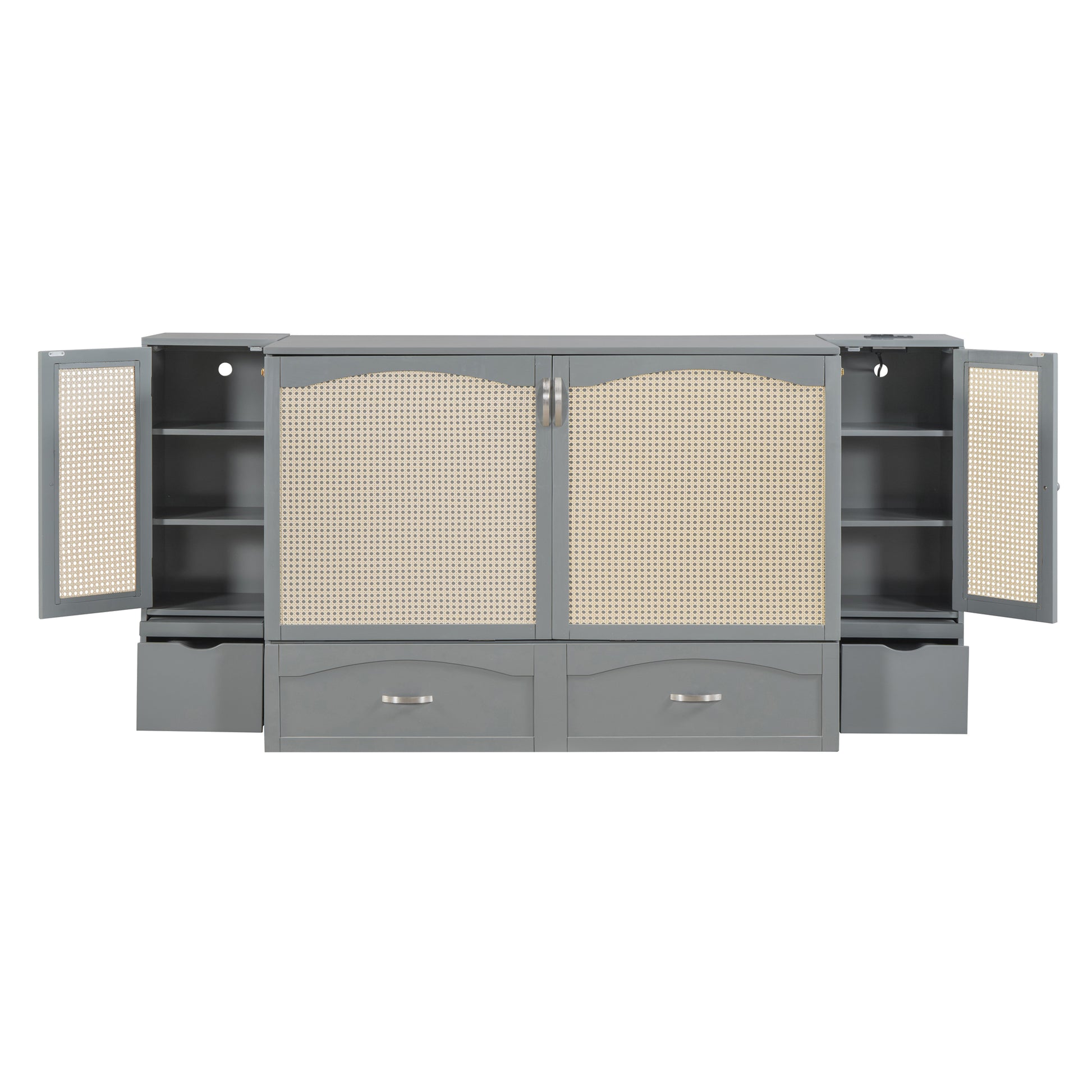 Queen Size Murphy Bed Wall Bed With Drawer And Rattan Decoration With 2 Storage Cabinets, One Set Of Sockets & Usb Ports, Pulley Structure Design, Gray Queen Gray Plywood