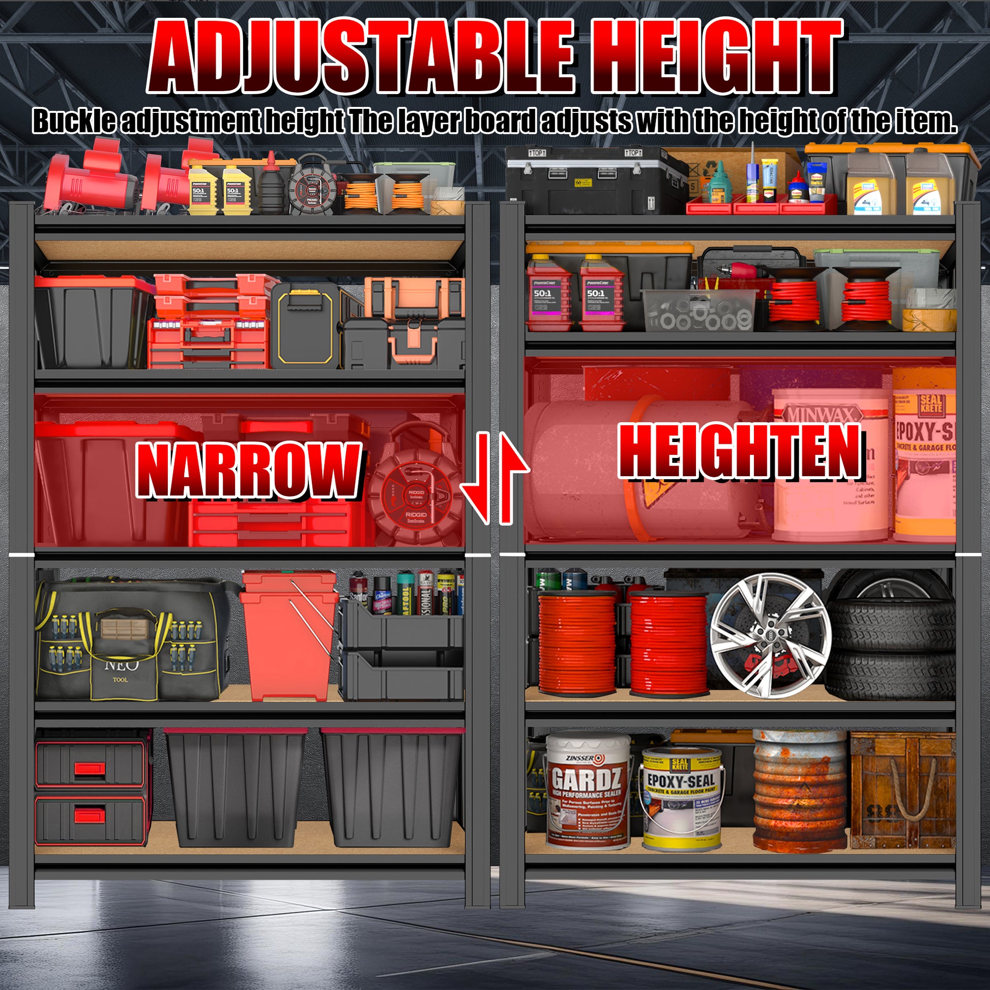 5 Tier Storage Rack, Adjustable Height Shelving, Warehouse Supermarket Basement Storage, Black Requires Assembly 5 Black Nature Standard Horizontal Primary Living Space Open Back Metal Classic