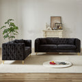Chenille Pull Buckle Design Sofa For Living Room,Buttons Tufted With Copper Nail Decoration Armrest, Modern Couch Upholstered Button And Metal Legs Black Foam Chenille 5 Seat