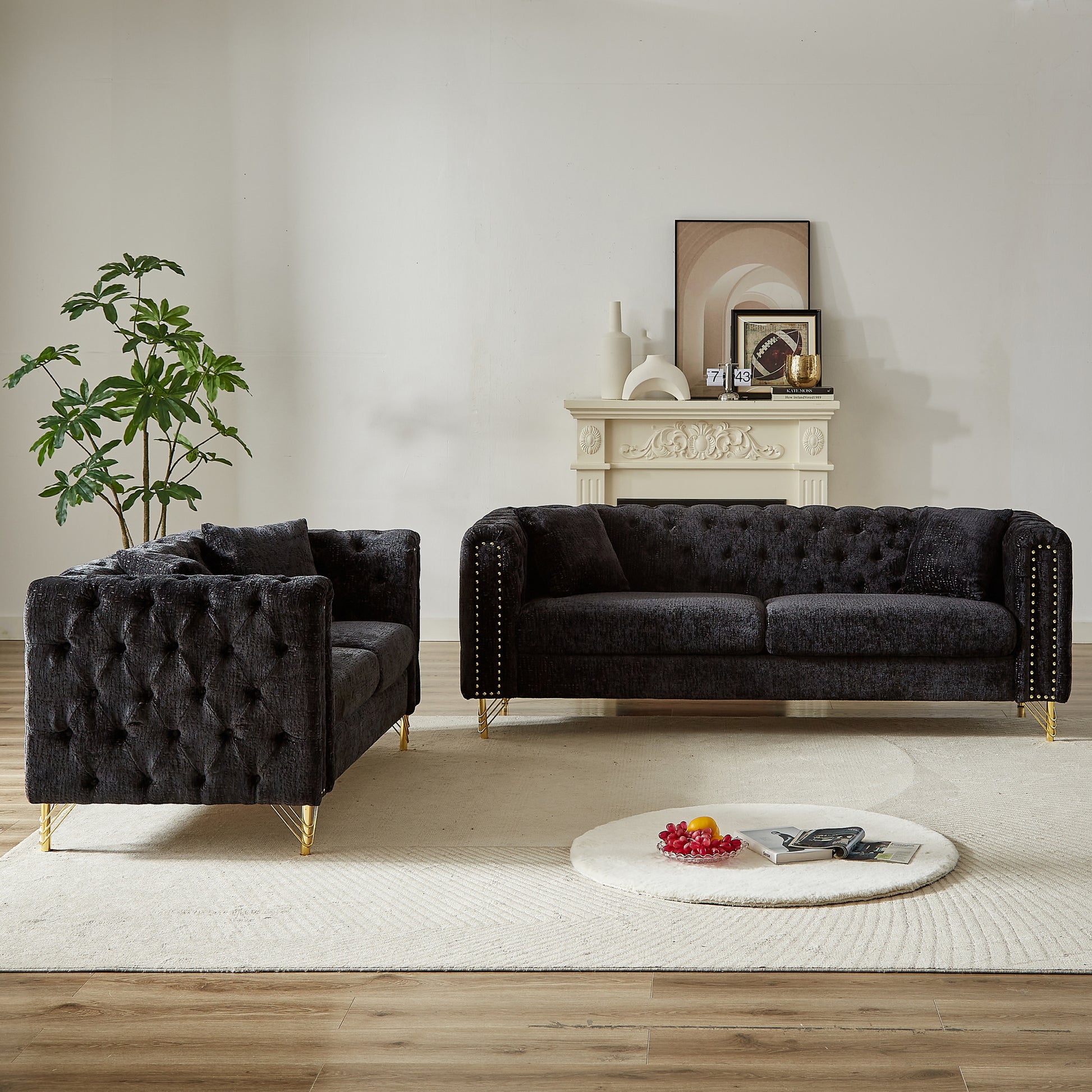Chenille Pull Buckle Design Sofa For Living Room,Buttons Tufted With Copper Nail Decoration Armrest, Modern Couch Upholstered Button And Metal Legs Black Foam Chenille 5 Seat