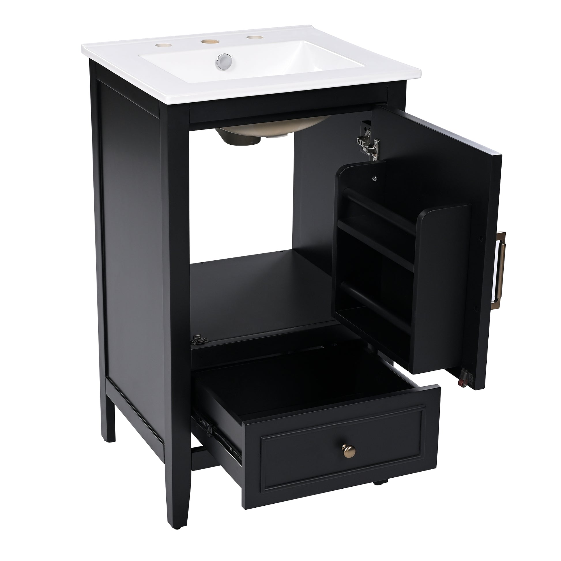 20" Bathroom Vanity With Sink, Bathroom Cabinet With A Door, Door Shelf Storage And Adiustable Foot Pads, A Drawer, Black Black Solid Wood Mdf