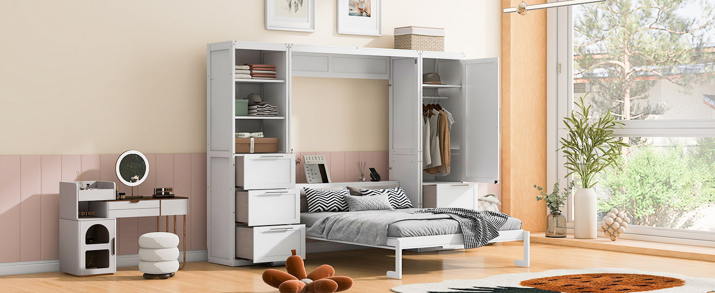 Queen Size Murphy Bed Wall Bed With Closet ,Drawers And Shelves,White Queen White Mdf Lvl