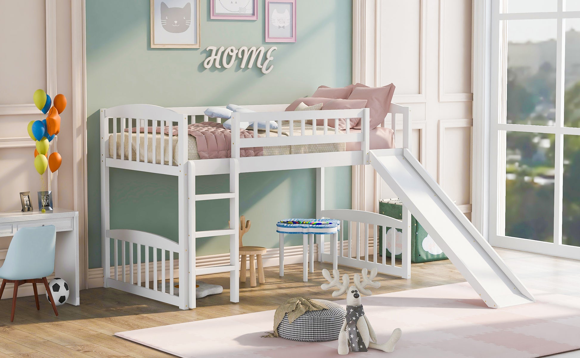 Twin Size Loft Bed With Slide And Ladder, White Old Sku: Lt000504Aak White Solid Wood