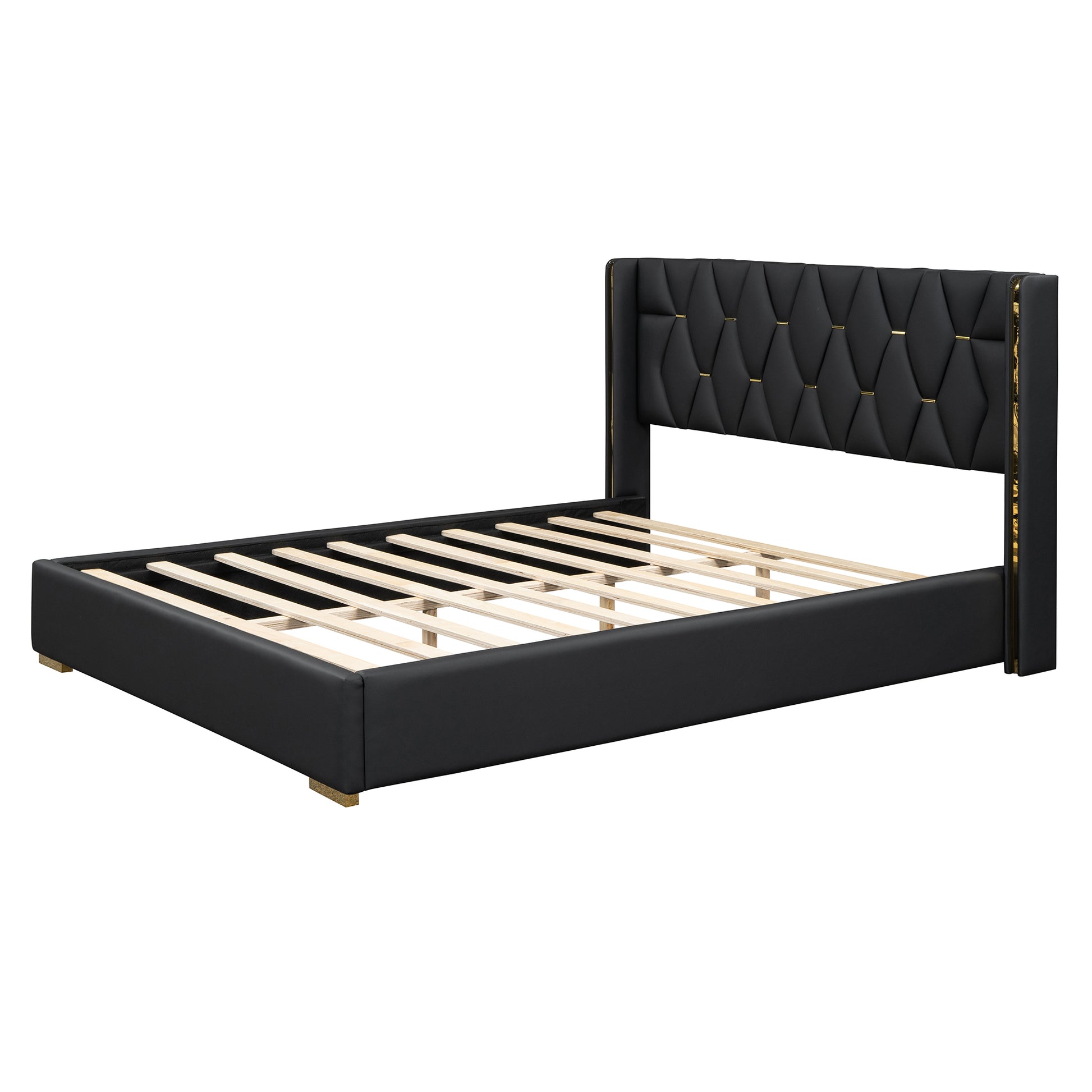 Queen Size Upholstered Platform Bed With Metal Strips, Black Queen Black Pu