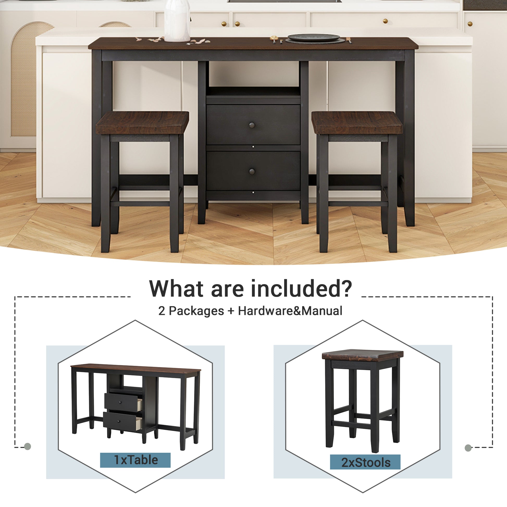 Farmhouse Rustic 3 Piece Counter Height Wood Dining Table Set With Cabinet,2 Storage Drawers And 2 Stools For Small Places,Black Cherry Wood Wood Cherry Seats 2 Wood Dining Room Farmhouse Rubberwood Rectangular Foam Solid Wood