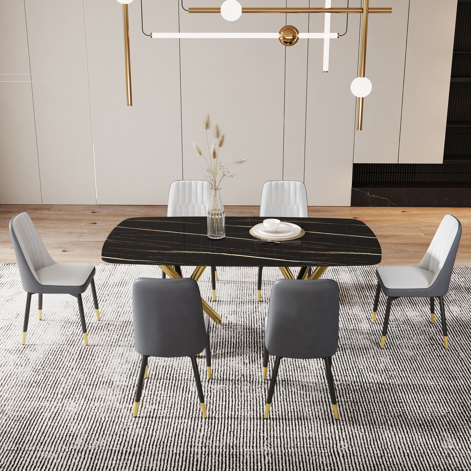 Large Modern Minimalist Rectangular Dining Table With 0.39 "Imitation Marble Black Tabletop And Golden Metal Legs, Paired With Chairs With Pu Cushions And Black Metal Legs. F 1538 C 007 Black Gold Glass Metal