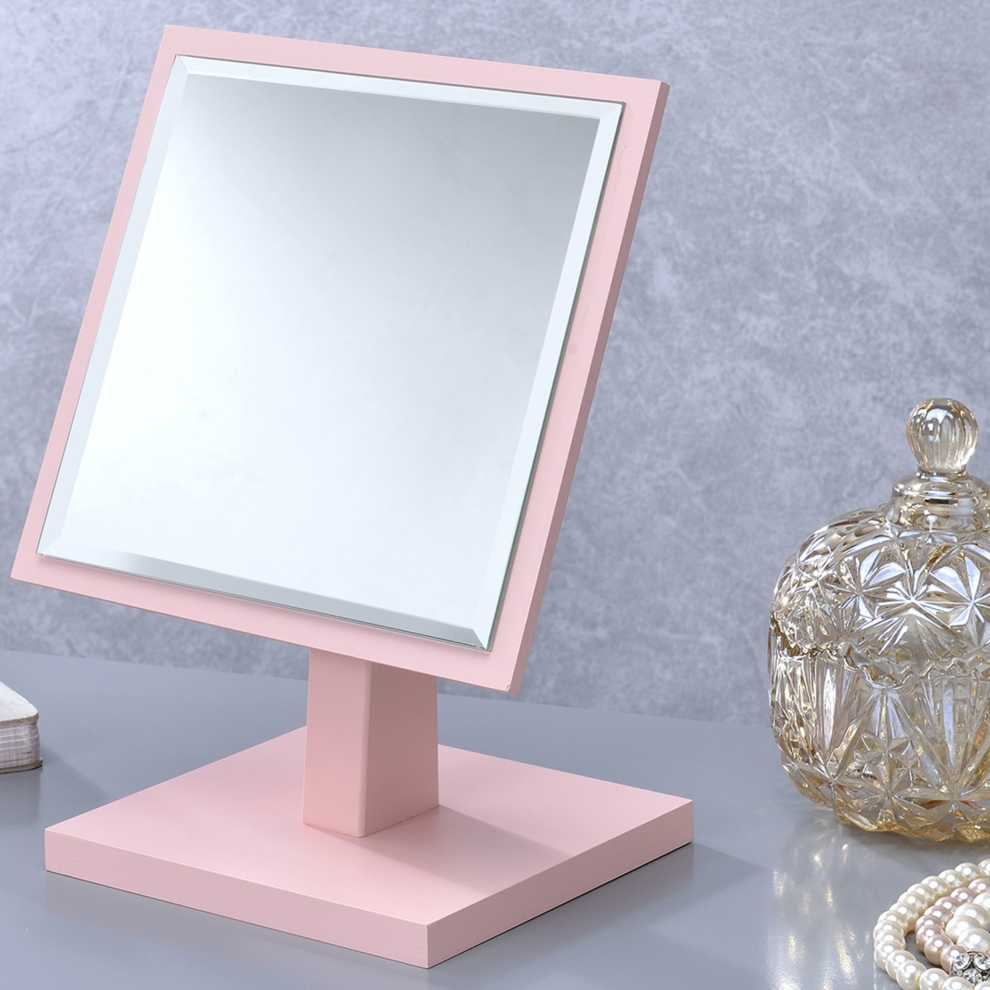 9.5" Tall Polyresin And Wood Make Up Mirror On A Pedestal, Pastel Pink Finish Pink Wood