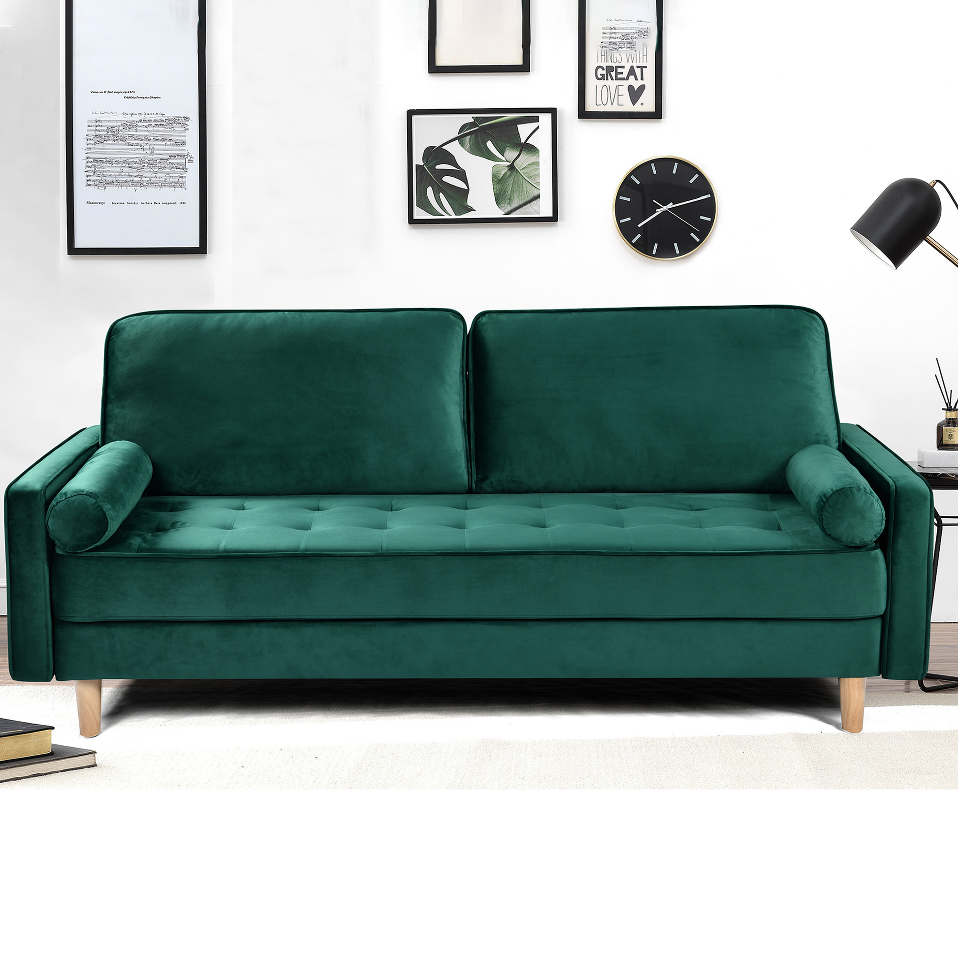 Sofa Simple Small House Double Three Person Straight Row American Retro Green Velvet Furniture Fabric Sofa Small Living Room Bedroom Office Green Velvet Solid Wood 3 Seat