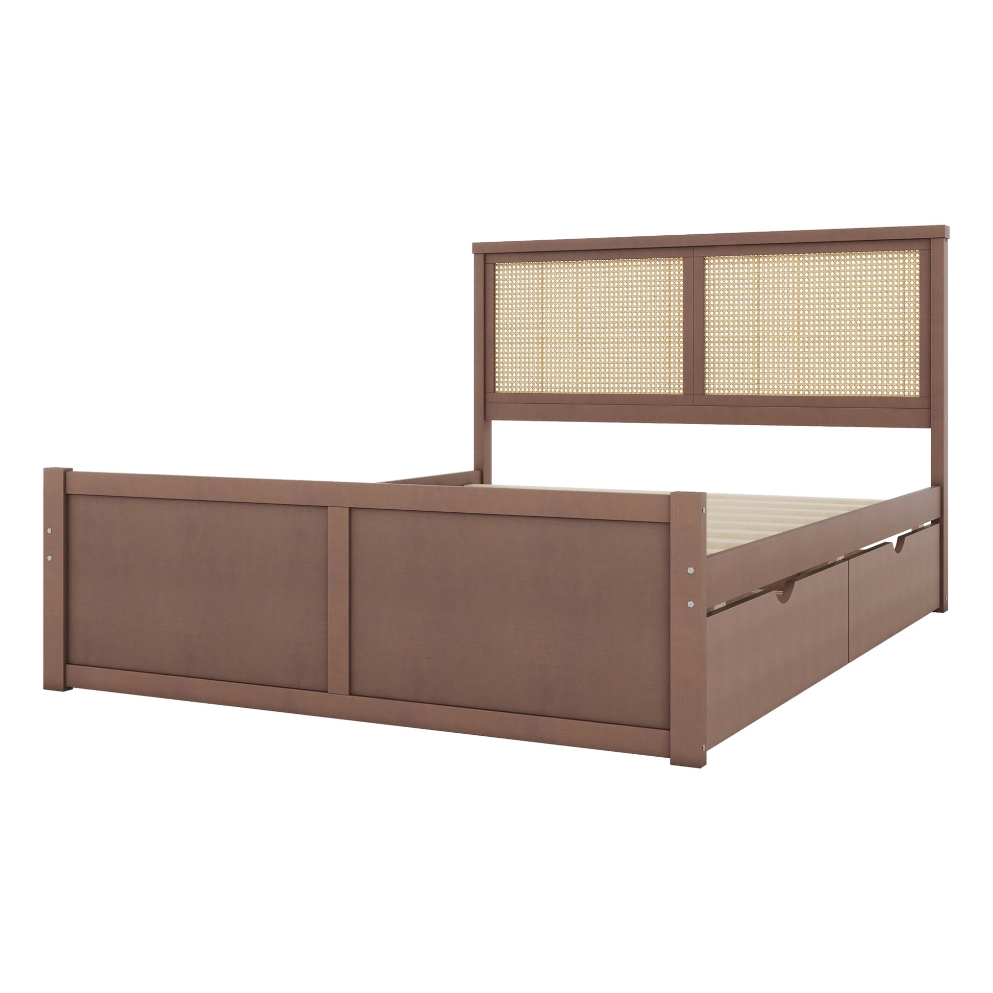 Queen Size Wood Storage Platform Bed With 4 Drawers, Rattan Headboard, Espresso Box Spring Not Required Queen Antique Espresso Wood Bedroom Bed Frame Wood Rattan