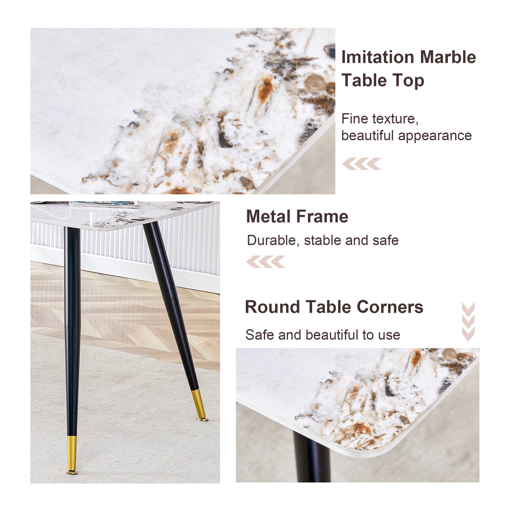 Table And Chair Set, Imitation Marble Texture Rock Board Table Top, Black Metal Table Legs. Paired With 4 White Artificial Leather Backrest Cushion Dining Chairs With Black Metal Legs. White Black Seats 4 Metal