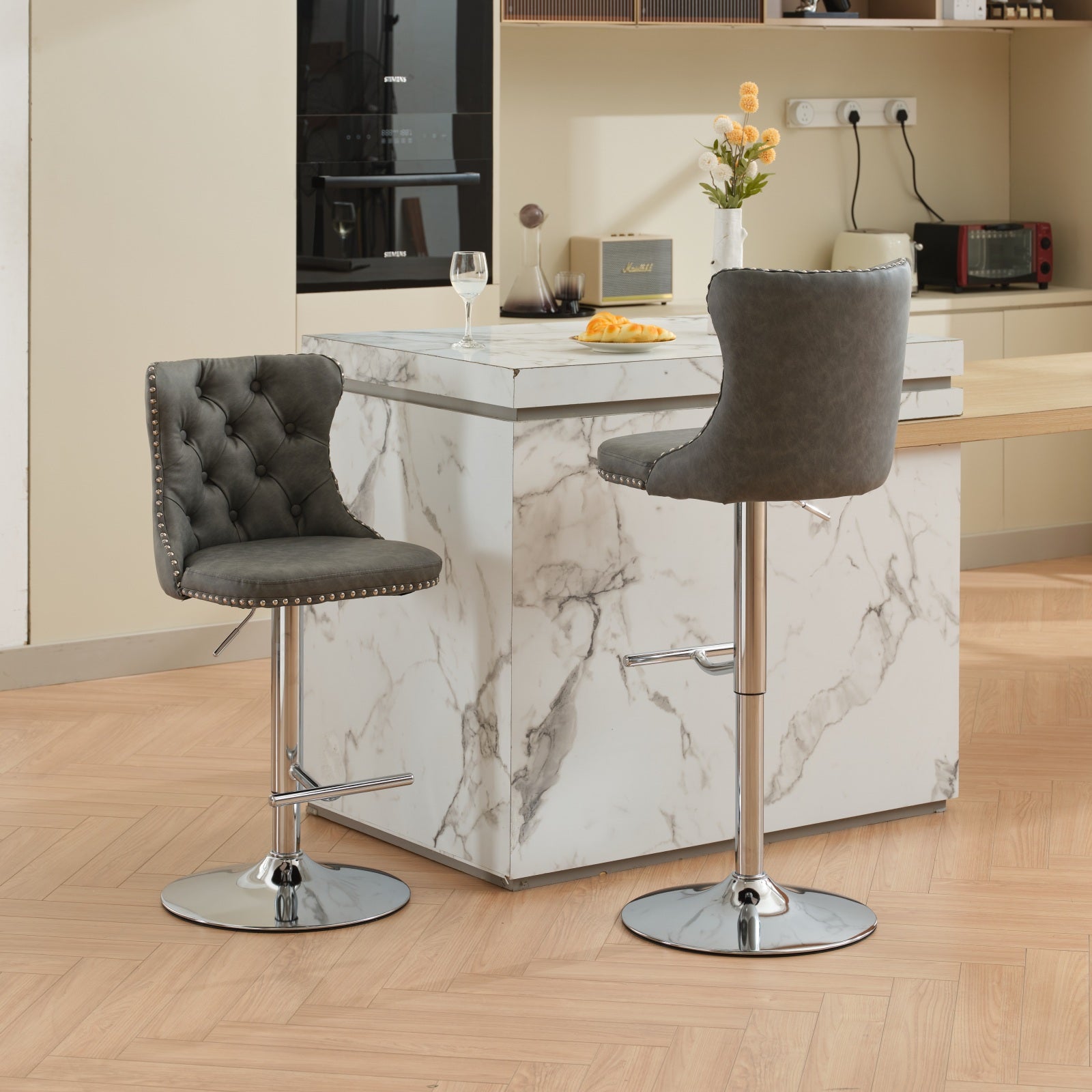 Swivel Pu Leather Barstools Adjusatble Seat Height From 25 33 Inch, Chrome Base Bar Stools With Backs Comfortable Tufted For Home Pub And Kitchen Island, Beige,Set Of 2,1512Gy Grey Dining Room American Design Bar Stools Wing Back Set Of 2 Foam Pu Leather