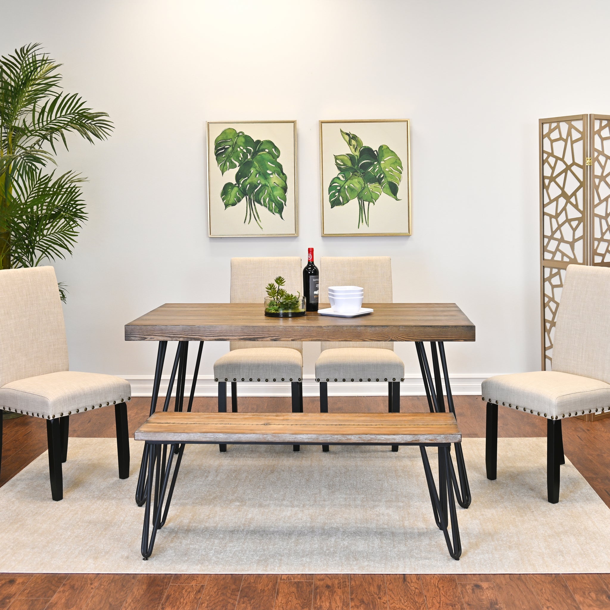 Amisos 6 Piece Dining Set, Hairpin Dining Table With 4 Chairs And A Wood Bench, 3 Color Options Wood Brown Seats 6 Brown Metal Dining Room Fixed Table Rubberwood Rectangular 4 Leg Rectangular Dining Table With Chair And Bench Mdf