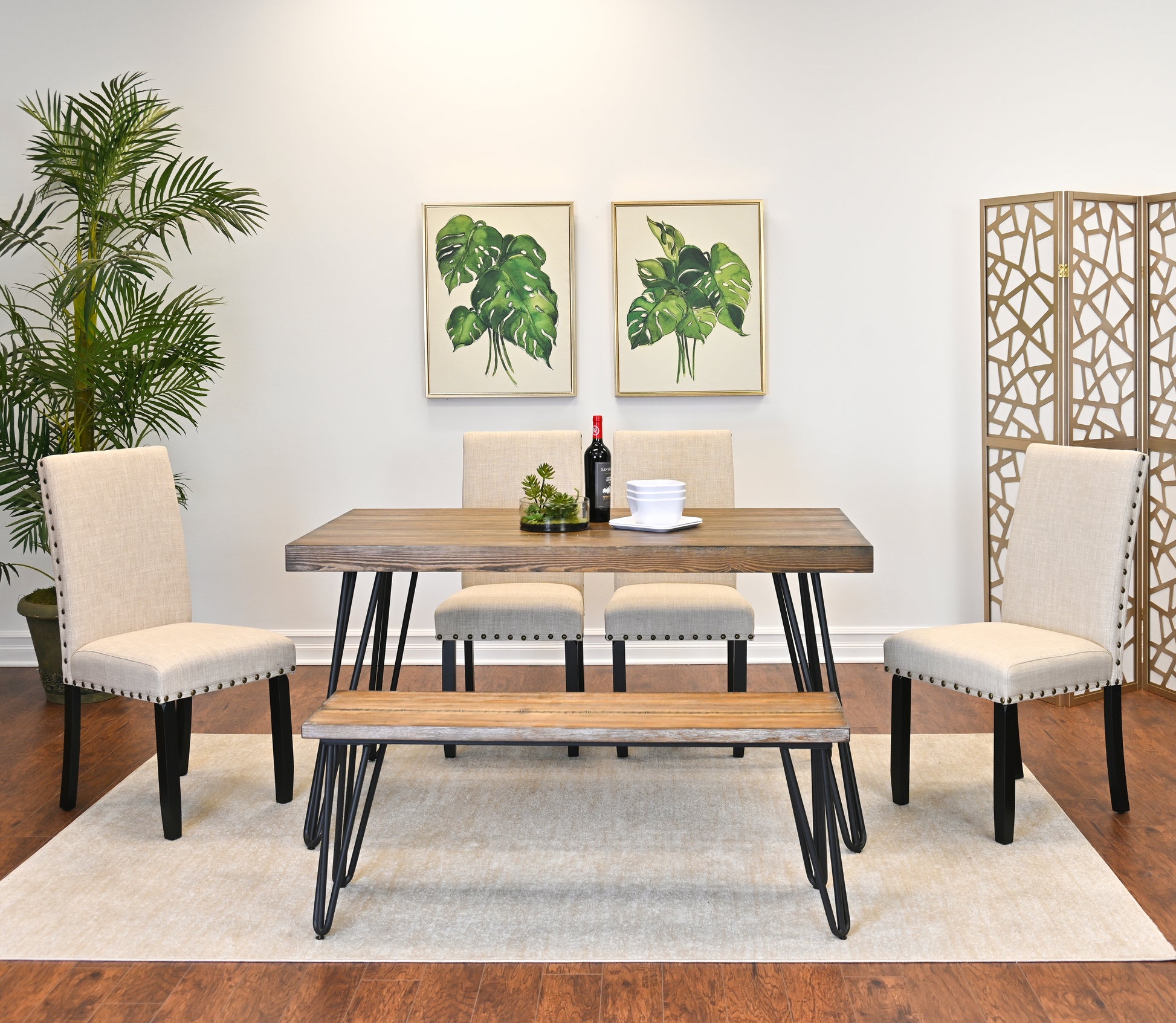 Amisos 6 Piece Dining Set, Hairpin Dining Table With 4 Chairs And A Wood Bench, 3 Color Options Wood Brown Seats 6 Brown Metal Dining Room Fixed Table Rubberwood Rectangular 4 Leg Rectangular Dining Table With Chair And Bench Mdf