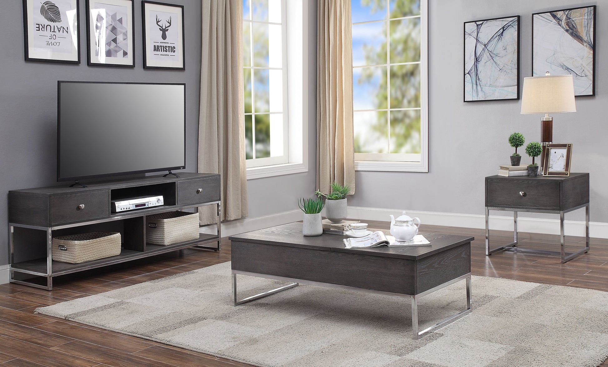 Grey Oak And Chrome Coffee Table With Lift Top Oak Silver Primary Living Space Rectangular Wood Metal Sled