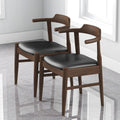 Leon Mid Century Modern Leather Dining Chair Set Of 2 Black,Wood Brown Dining Room Genuine Leather,Solid Wood