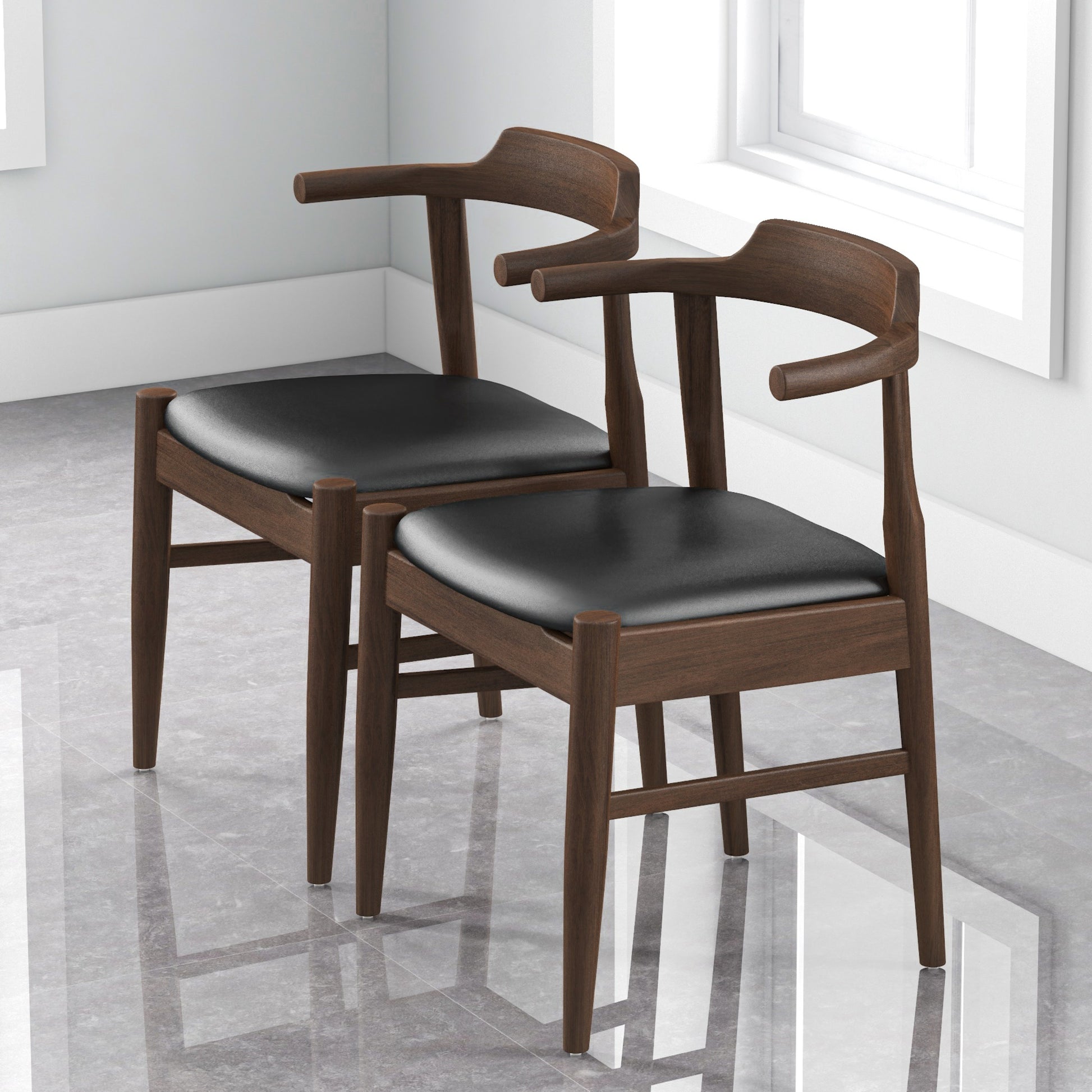 Leon Mid Century Modern Leather Dining Chair Set Of 2 Black,Wood Brown Dining Room Genuine Leather,Solid Wood