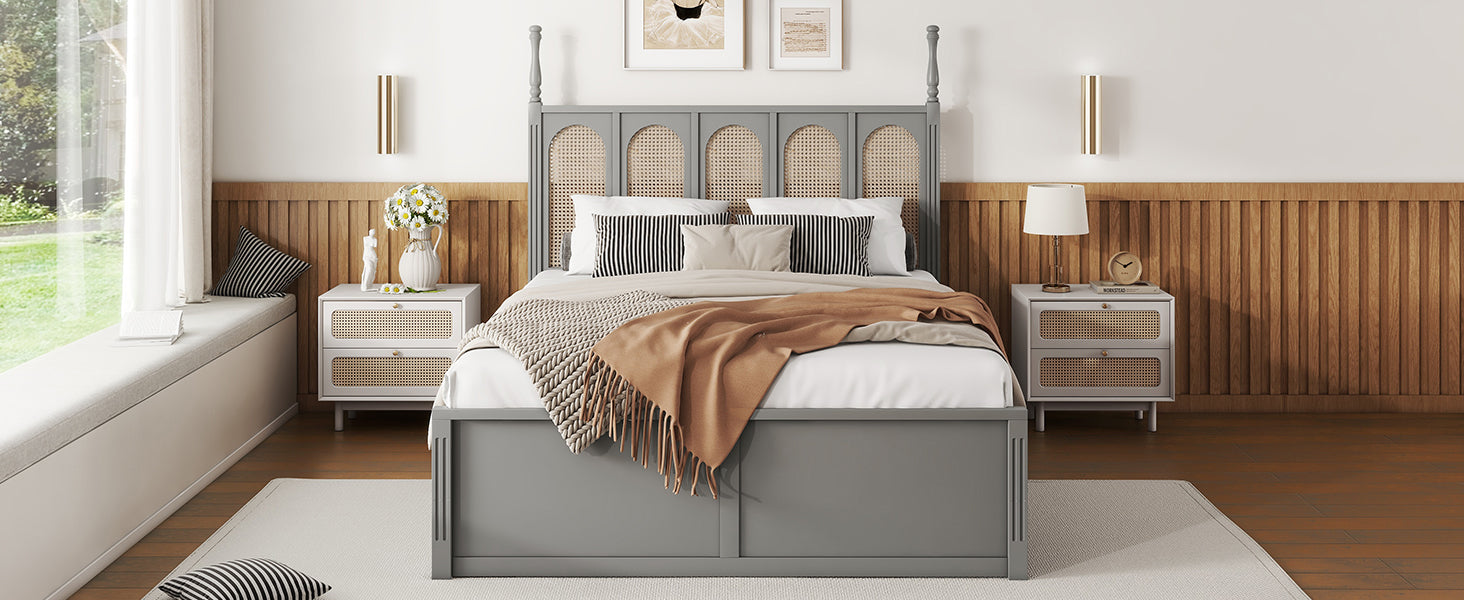 Queen Size Rattan Platform Bed With With 2 Big Drawers, T Size Trundle, Gray Queen Gray Plywood