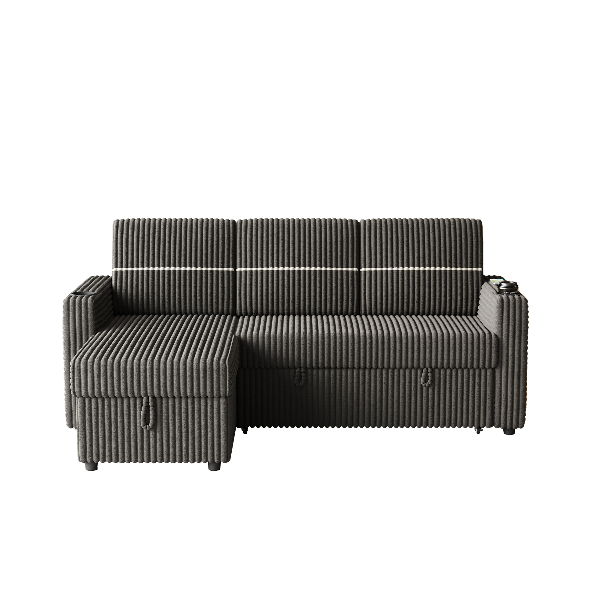 85 Inches Corduroy Sofa Bed, 3 Seater Sleeper Sofa With Storage Chaise, Square Handrail With Two Cup Holder And Usb Charge Port, Pull Out Couch For Living Room Dark Grey Corduroy 3 Seat