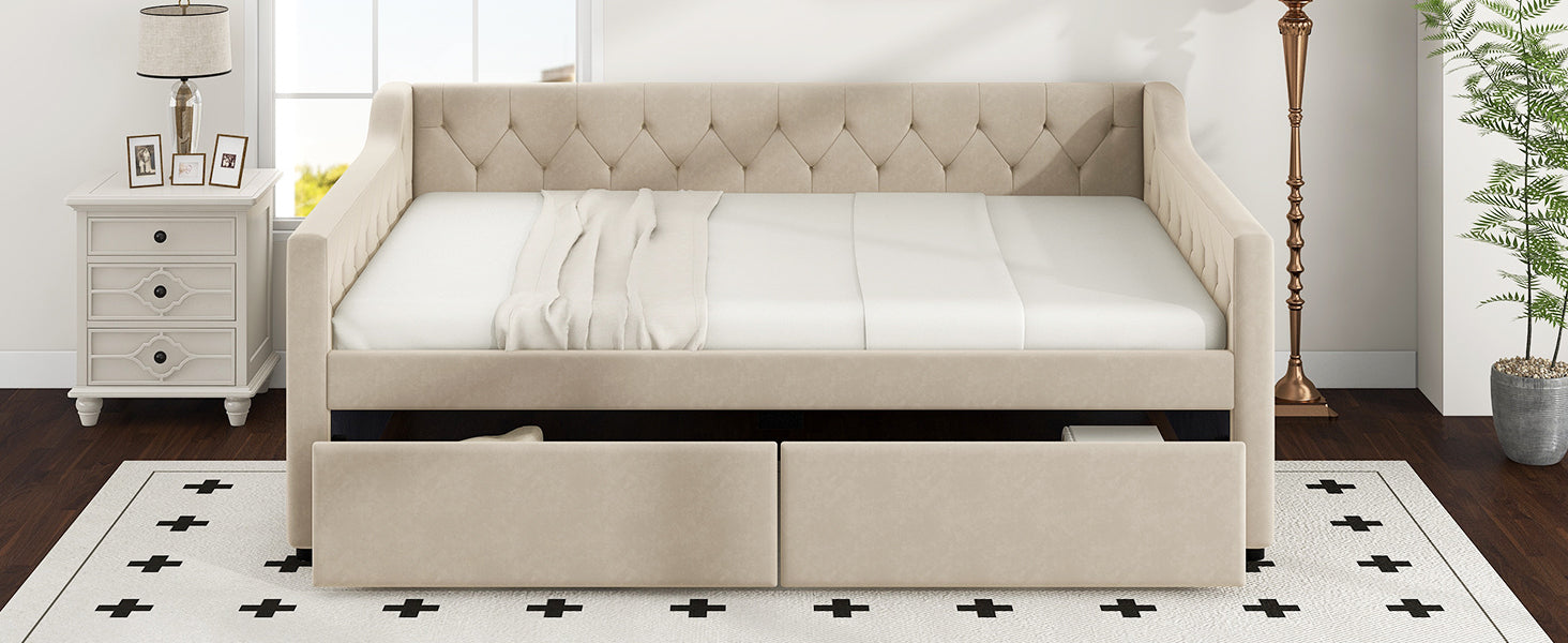 Full Size Upholstered Tufted Daybed With 2 Drawers, Beige Box Spring Not Required Full Beige Wood Daybeds Velvet Upholstered