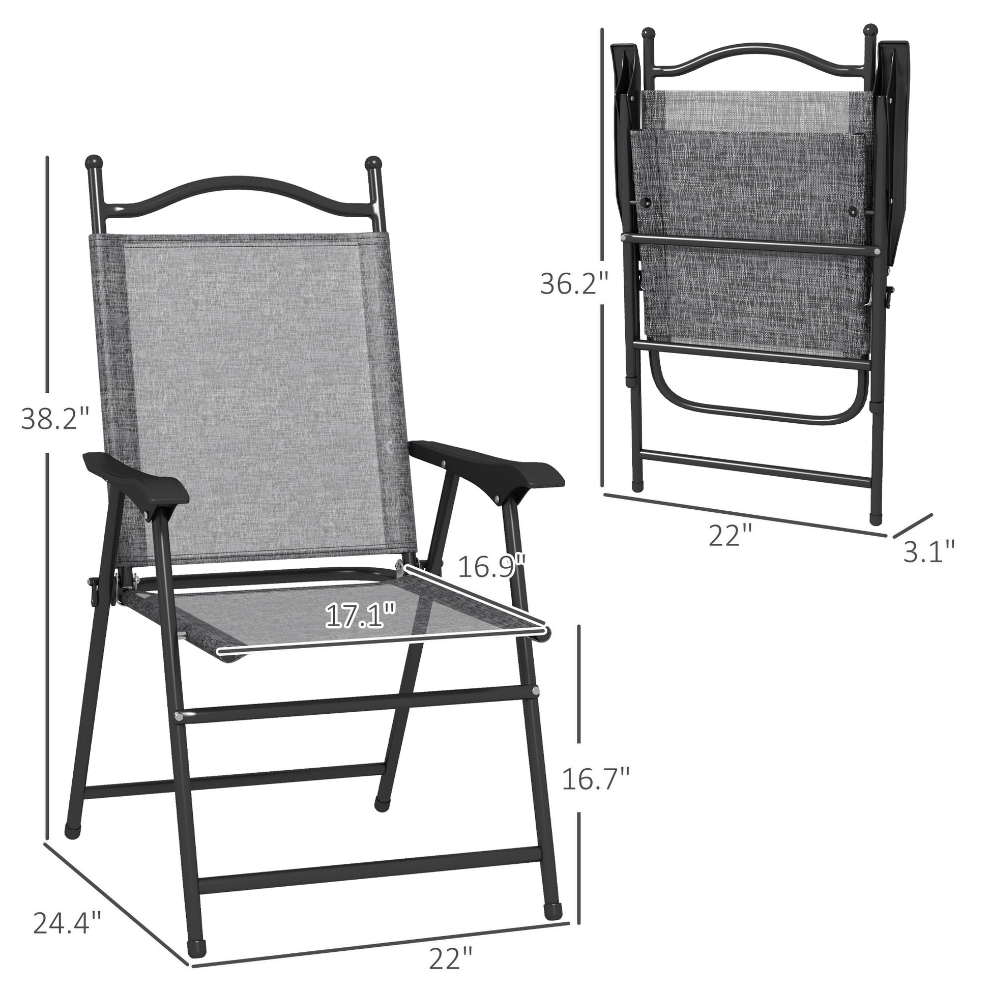 Outsunny Folding Patio Chairs, Set Of 4 Sports Chairs For Adults, Camping Chairs With Armrests,Mesh Fabric Seat For Lawn, Gray Gray Metal