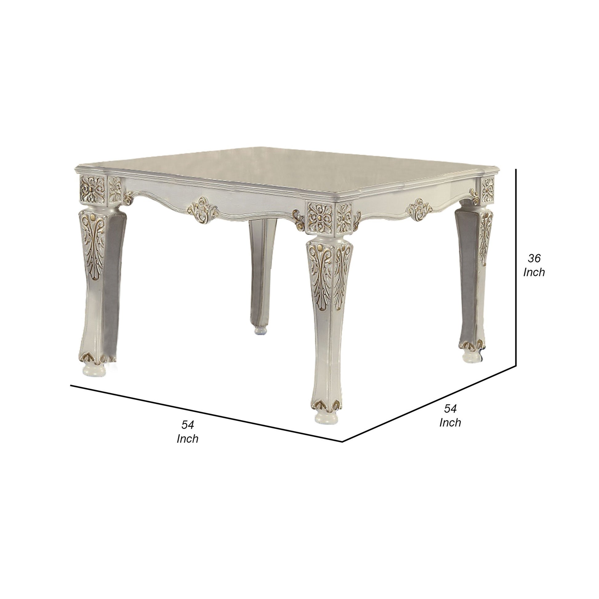 Jess 54 Inch Counter Table, 4 Seater, Classic White, Ornate Scroll Carvings White Gold Wood