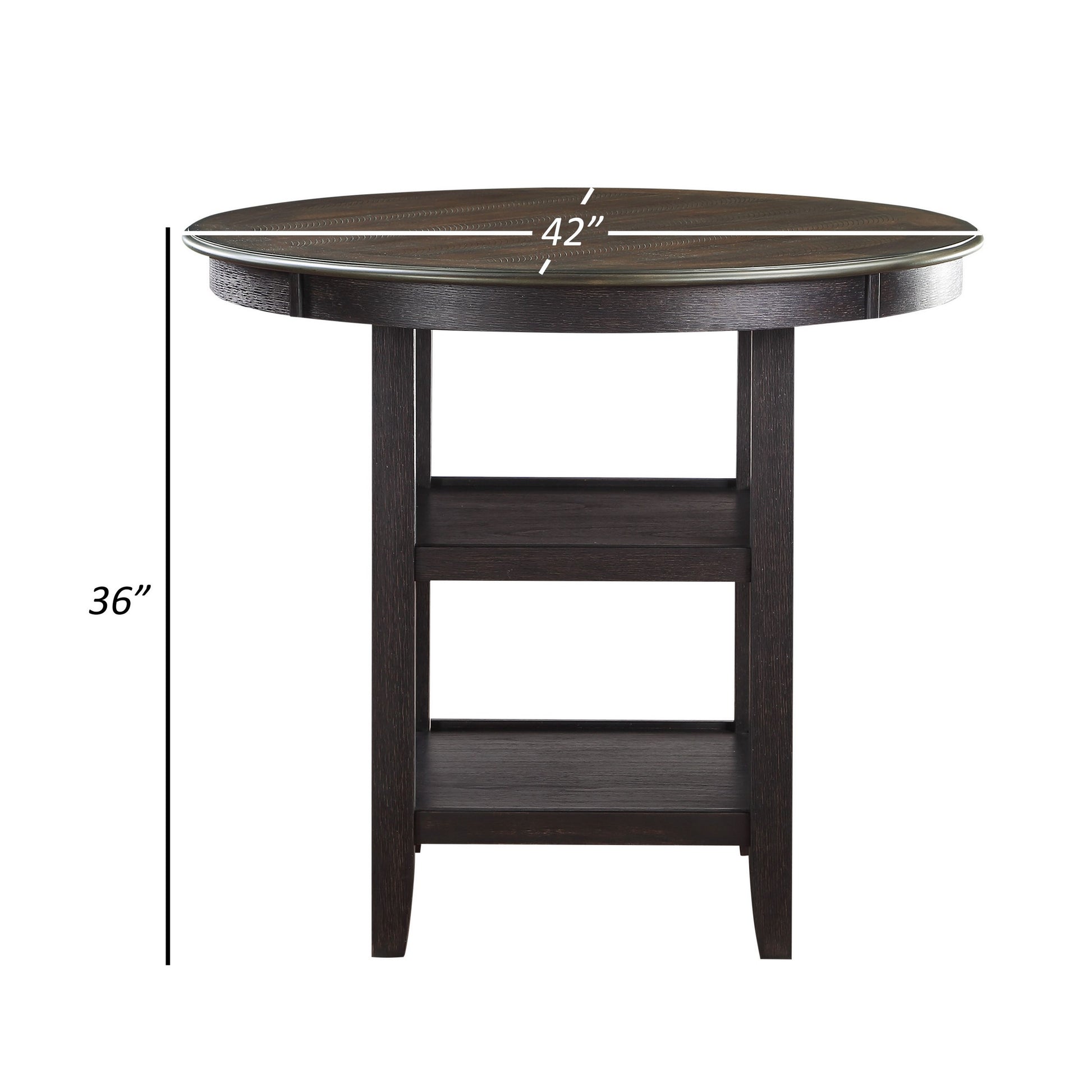 Anji 42 Inch Counter Table, Round Surface, 2 Open Shelves, Brown, Black Black Brown Wood