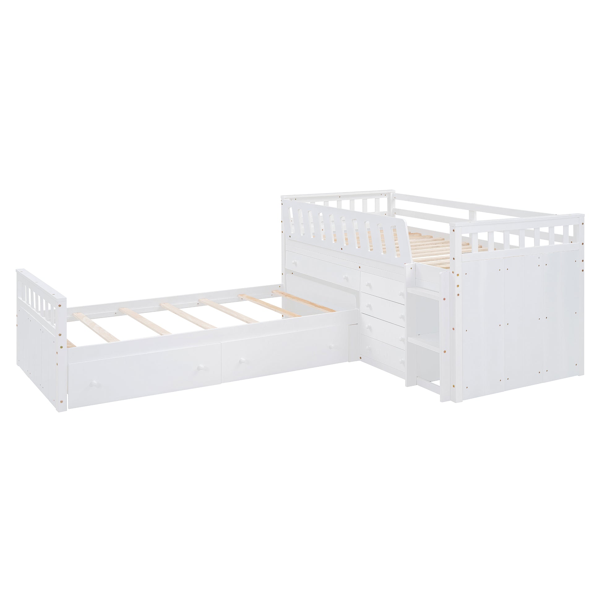 L Shaped Space Saving Twin Loft And Twin Platform Bed With 7 Drawers And Full Guardrails White Twin White Solid Wood