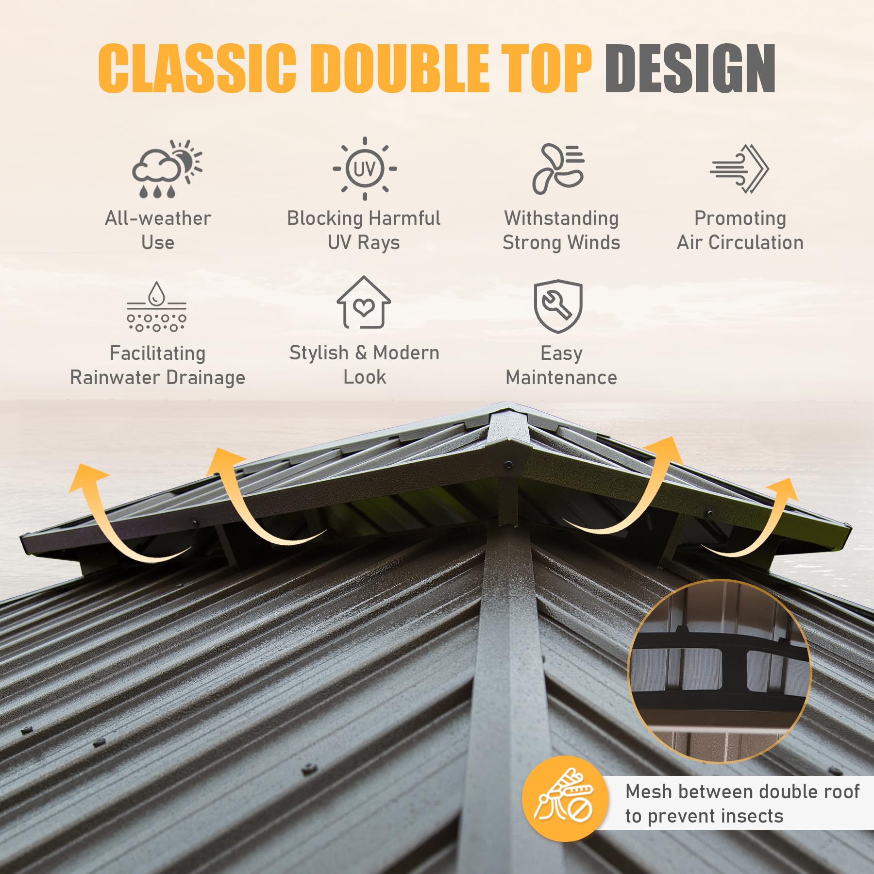 Outdoor Living 14X20Ft Hardtop Gazebo, Permanent Metal Gazebo With Galvanized Steel Double Roof And Aluminum Frame, Curtain And Netting, Large Pavilion Gazebo, Wood Looking Yellow Brown Aluminium