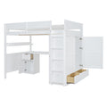 Full Size Wooden Loft Bed With Wardrobe, Desk, Drawers, Shelves, White Full White Plywood