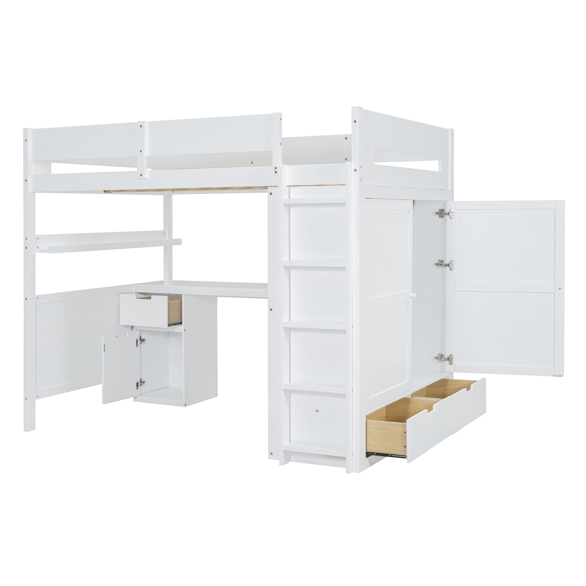 Full Size Wooden Loft Bed With Wardrobe, Desk, Drawers, Shelves, White Full White Plywood
