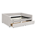 Queen Size Daybed With Two Drawers Trundle Upholstered Sofa Bed, With Vertical Stripes, Linen Fabric, Beige 86.5