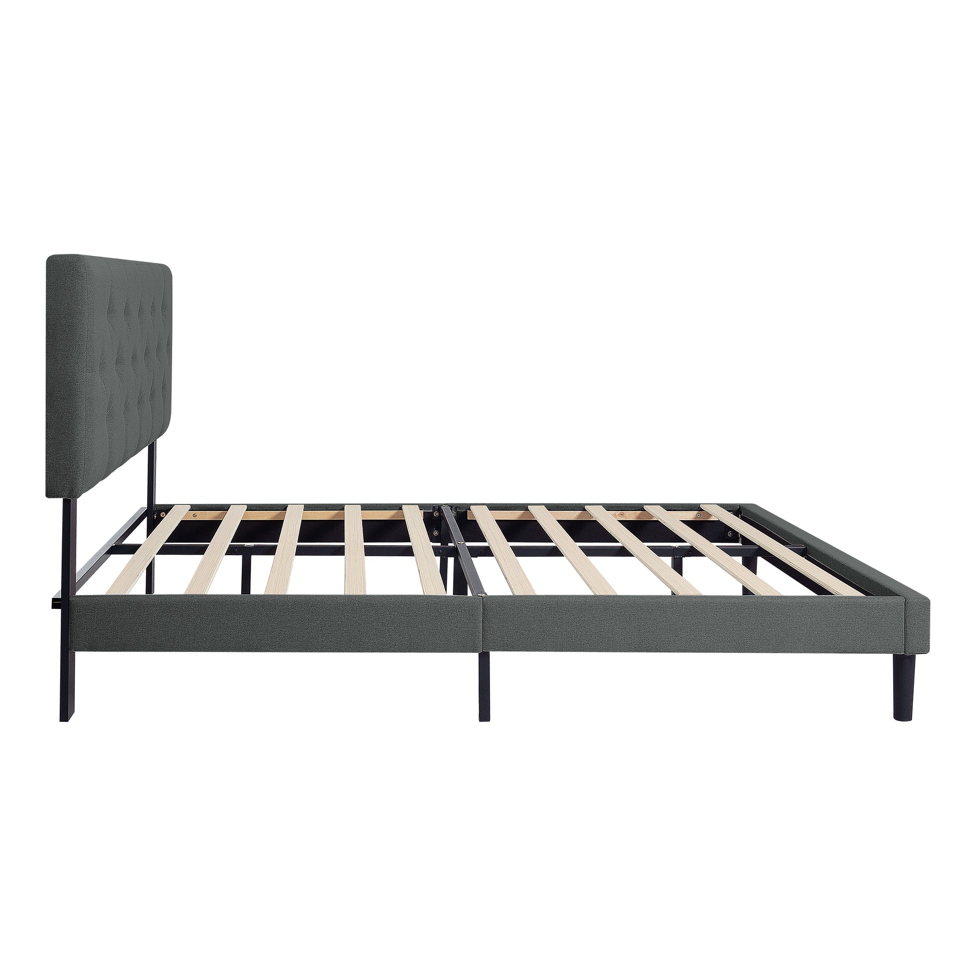 Twin Size Upholstered Platform Bed Frame With Modern Button Tufted Linen Fabric Headboard, No Box Spring Needed, Wood Slat Support, Easy Assembly, Drak Grey Twin Dark Gray Linen