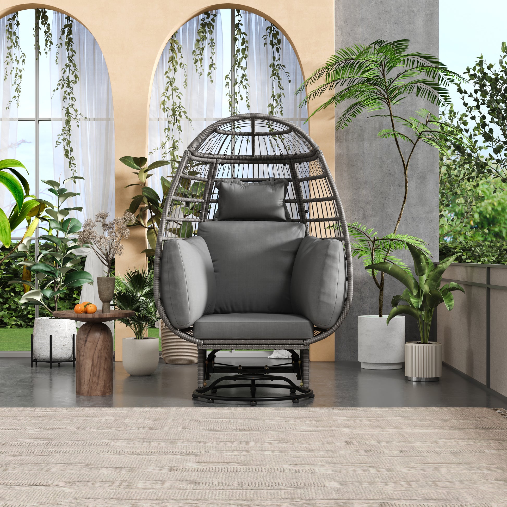 Outdoor Swivel Chair With Cushions, Rattan Egg Patio Chair With Rocking Function For Balcony, Poolside And Garden Grey Wicker Grey Cushion Grey Wicker