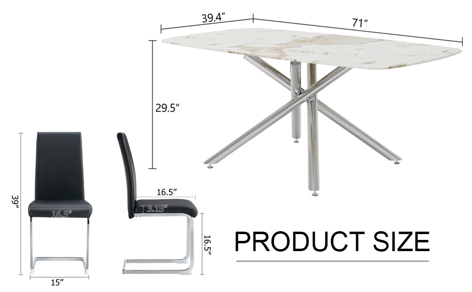 Table And Chair Set, Large Modern Minimalist Rectangular Dining Table, 0.39 "Imitation Marble Tabletop And Silver Metal Legs, Soft Leather Seats. F 1537 Silver Glass Metal