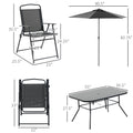 Outsunny 8 Piece Patio Dining Set With Table Umbrella, 6 Folding Chairs And Rectangle Dining Table, Outdoor Patio Furniture Set, Black Black Metal