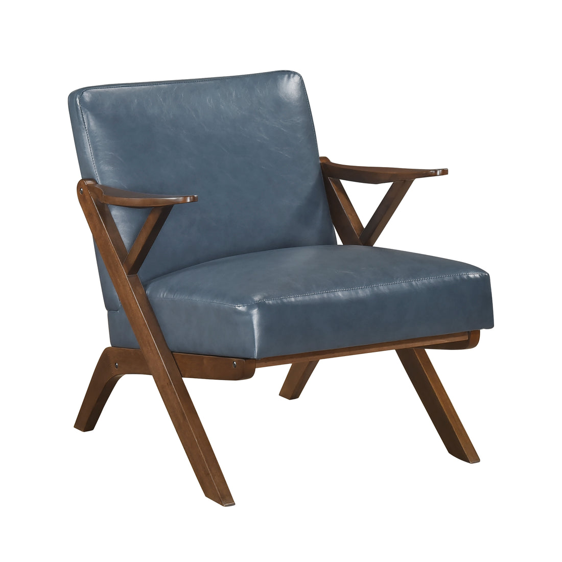 Brown Finish Solid Rubberwood Frame 1Pc Accent Chair Blue Faux Leather Upholstery Living Room Furniture Blue,Brown Primary Living Space Rubberwood Solid Wood