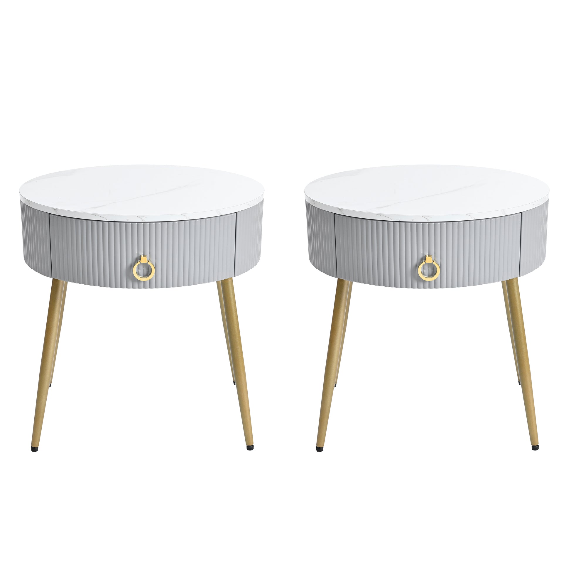 19.6'' Easy Assembly End Tables With High Gloss Faux Marble Tabletops, Set Of 2, Modern Fluted 2 Side Tables With Drawers, Round Coffee Tables With Golden Legs For Living Room, Grey Grey Gold Primary Living Space Drawers Round Mdf Iron