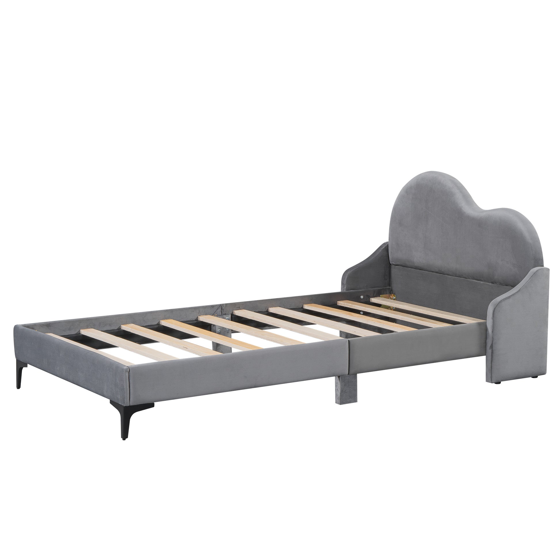 Twin Size Upholstered Platform Bed With Cloud Shaped Headboard, Gray Box Spring Not Required Twin Gray Bedroom Polyester Upholstered