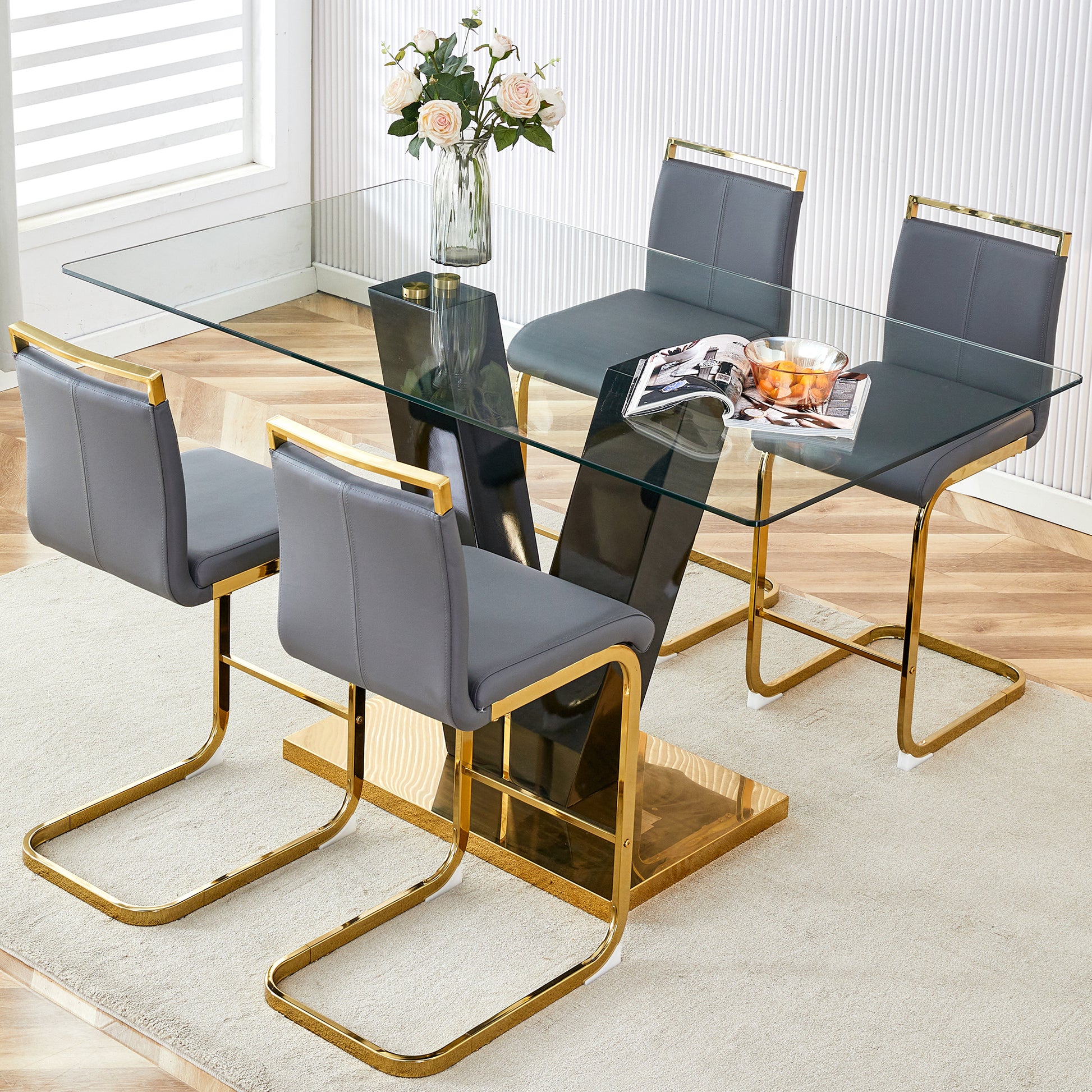 Table And Chair Set,Large Modern Minimalist Rectangular Glass Dining Table For 4 8 With 0.4" Tempered Glass Tabletop And Mdf Slab V Shaped Bracket, Pu And Gold Legs Of The Chair. Black Grey Seats 4 Tempered Glass