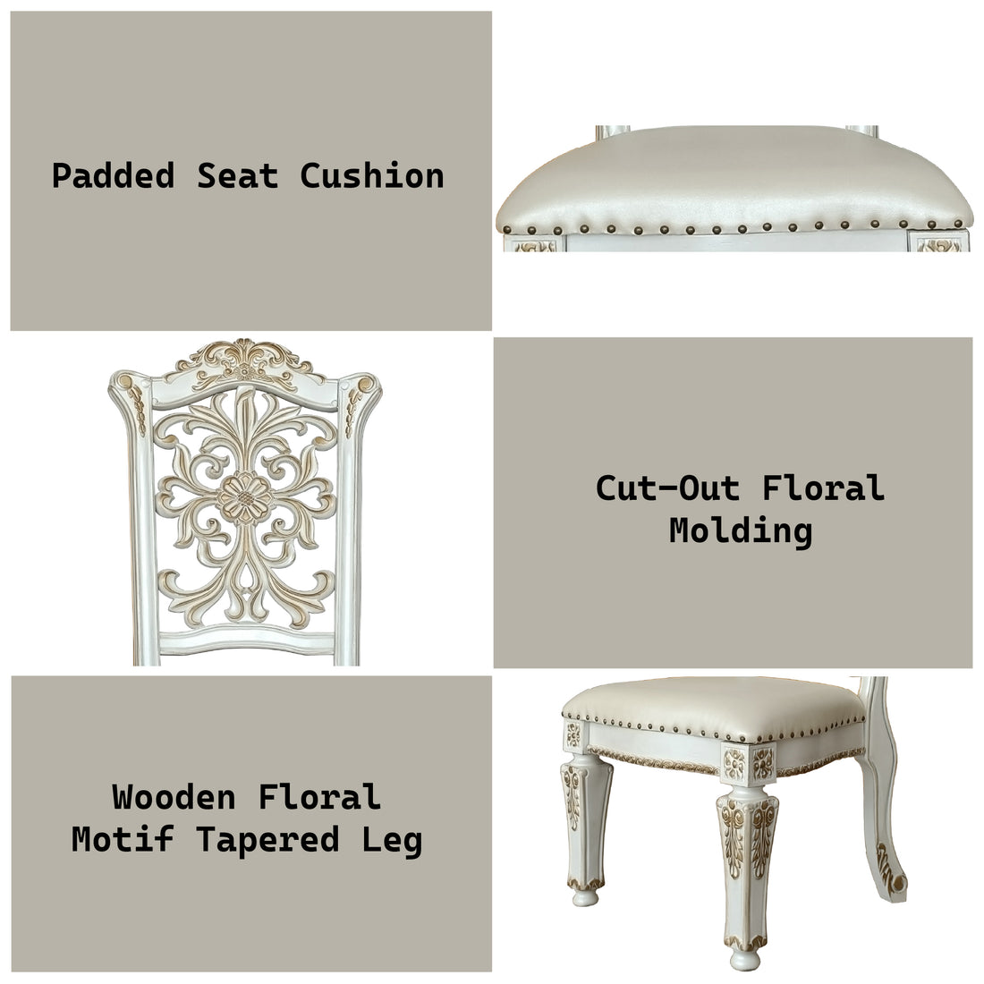 Vendome Synthetic Leather & Antique Pearl Finish Side Chair Set Of 2 Antique White Faux Leather,Synthetic Wood