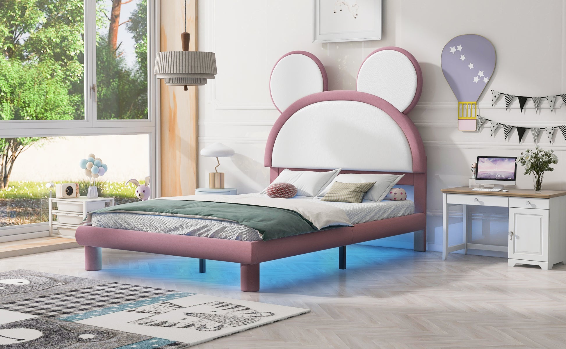 Full Size Upholstered Platform Bed With Cartoon Ears Shaped Headboard And Led, White&Pink Box Spring Not Required Full White Pink Bedroom Bed Frame Faux Leather Upholstered