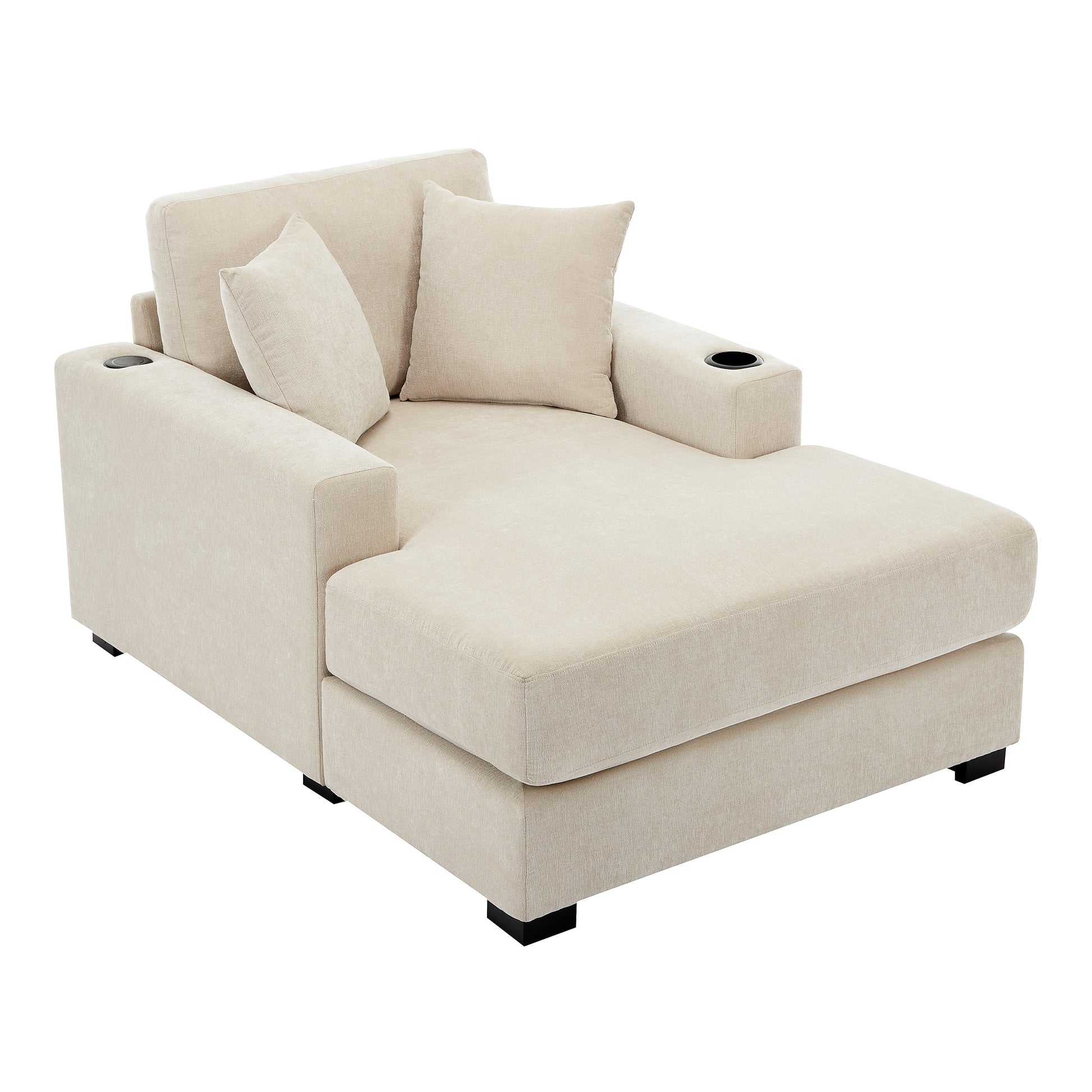 43.5" Oversized Chaise Lounger Modern Style Sofa Couch ,With Pillows, Charge Station & Cup Holders, Chenille Fabric, Cream Cream Chenille