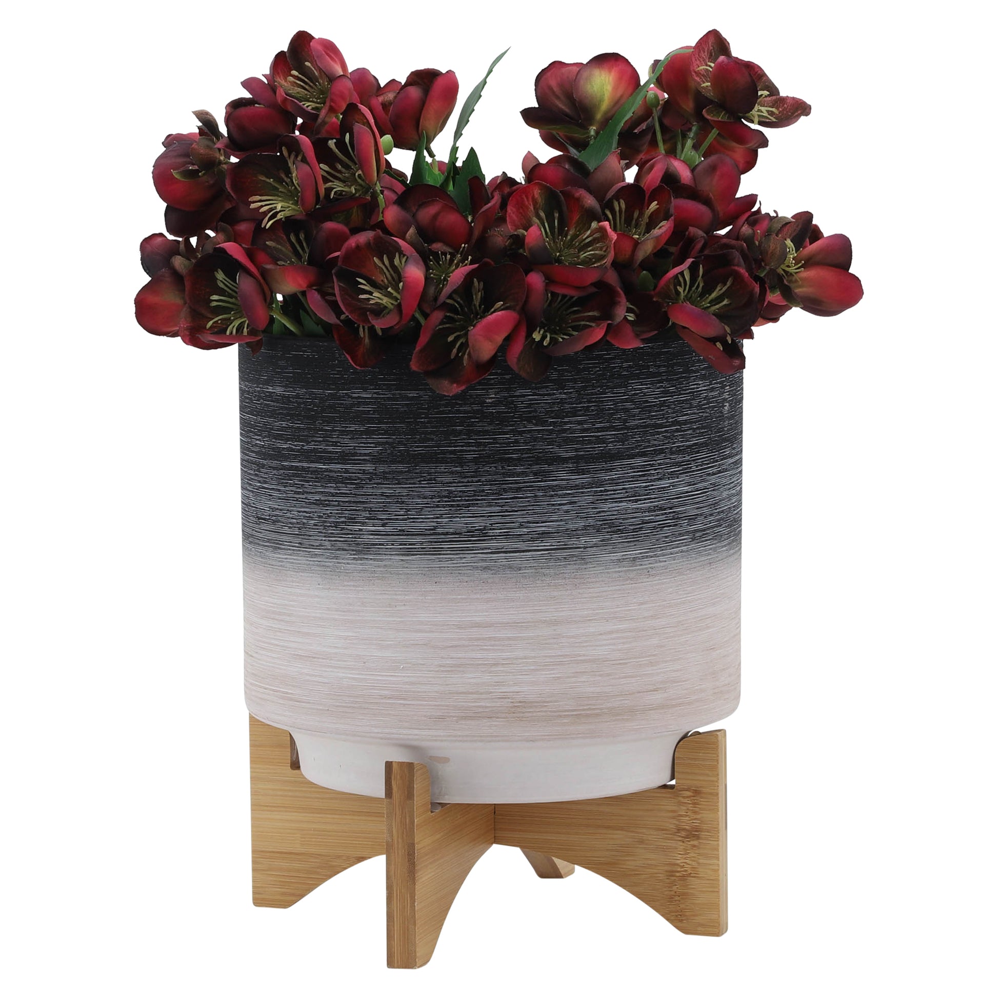 Ceramic, S 2 8 10" Planter On Wooden Stand, Gray Gray Ceramic